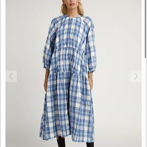 DISSH AYDEN BLUE PLAID LINEN TIER DRESS
